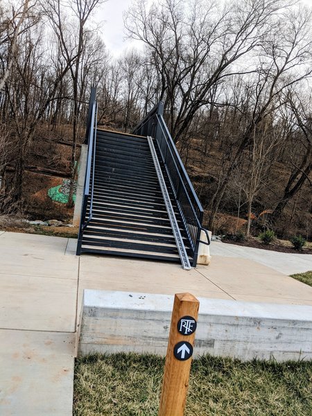 Wool Factory Bridge and RTF sign from parking lot.