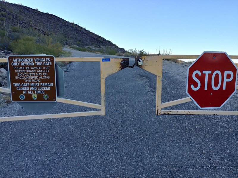 Gate at entrance to The Rattlesnake (Childs Mountain) climb. Gravel continues to about the halfway point.