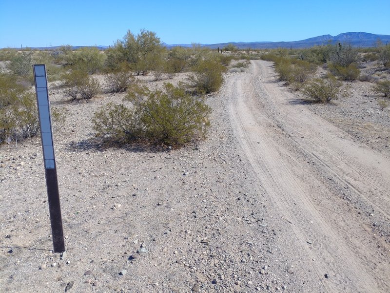 The beginning (south terminus) of Roadrunner as viewed just north of the intersection of W. Rasmussen Rd & Olive St. in Ajo. Note the BLM trail marker is faded as of Mar. 2021.