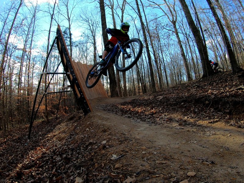 Coming off the wall at the end of Shep Express trail at Wilkins Branch MTB Park.