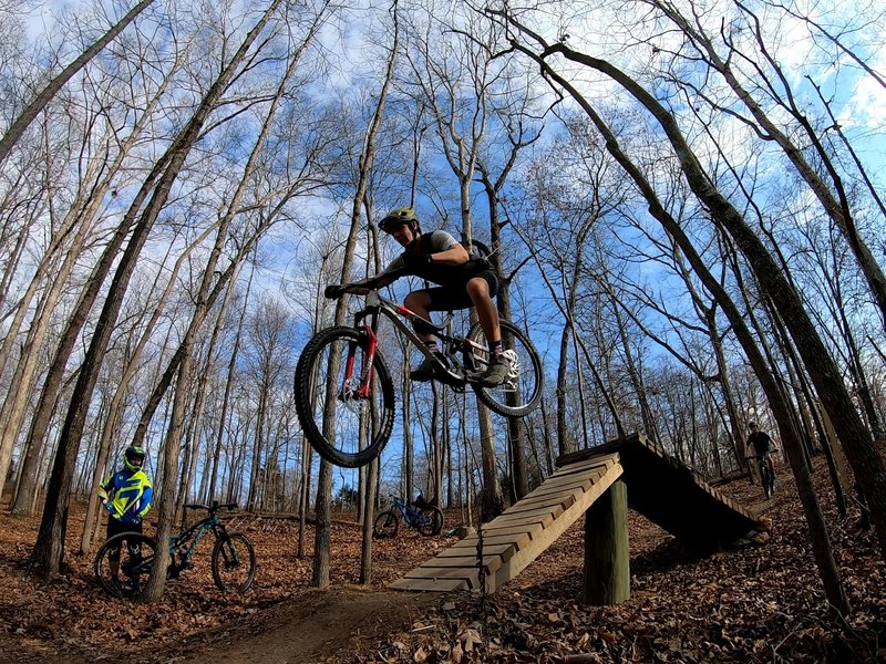 Coming off first wood feature on Moonshine trail at Wilkins Branch MTB Park.