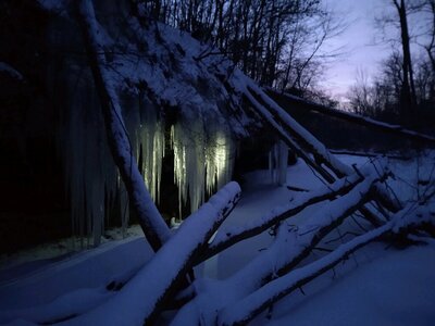 Rock shelter at the east side creek crossing in a deep freeze