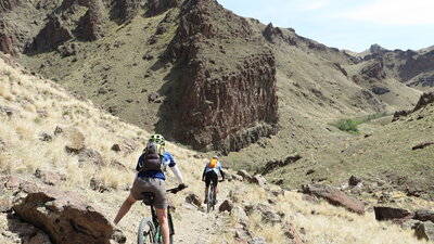 we prepare for the transitition from the smooth Bingo trail to "Jacob's Ladder" which will soon have us carring our bikes.