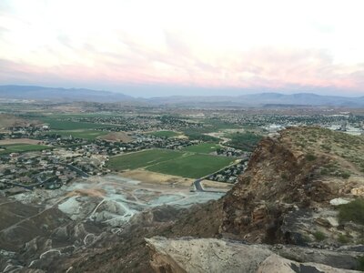 View southwest off Shinob Kibe, showing dirt bike trails near the bottom.