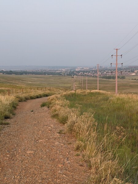 Looking east from the top of the hill, back to the Coalton Trailhead and car park.