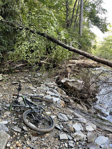 Going East on South MIlls River trail, between Wagon Gap and Pounding Mt. Note the elevation from log to river.