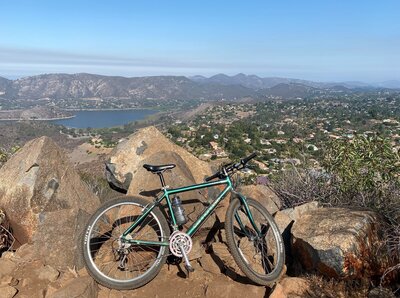 View from the summit over Lake Hodges.  (That's my 26 year old Cannondale mountain bike with no suspension.)
