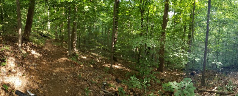 Panorama of the trail on the ridge and the slope down to the river on the right
