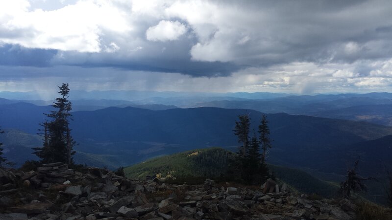 View from the summit, with weather rolling in. Time to descend!