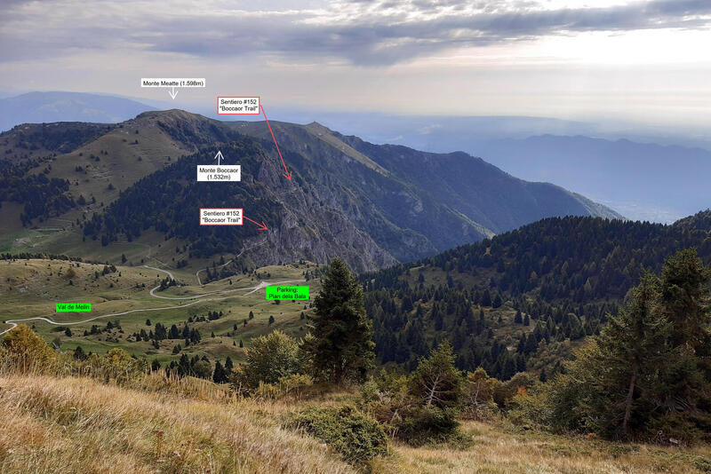 Monte Grappa:  view down to the rocky slope of Monte Boccaor and Sentiero #152