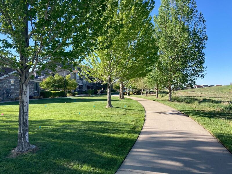 Paved trail lined with trees. Taken May 2021.