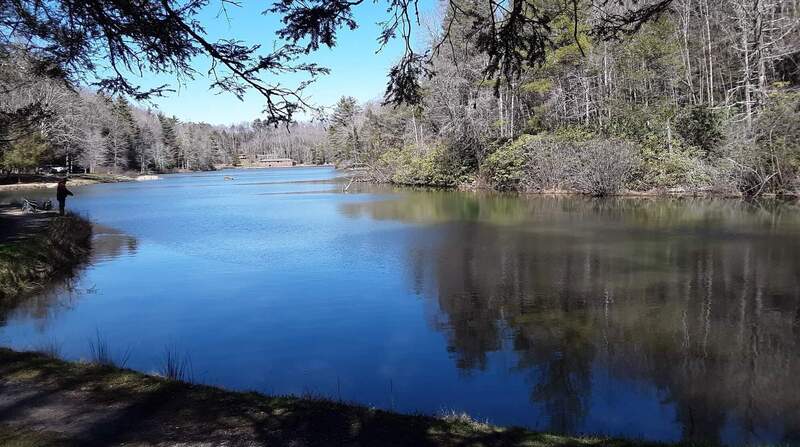 Other end of lake, with visitor center in background, and part of trail on bottom right.