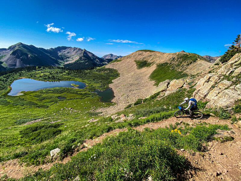 Descending to Taylor Lake on a thru-bike from Denver to Durango. Photo by Marshall Moose!