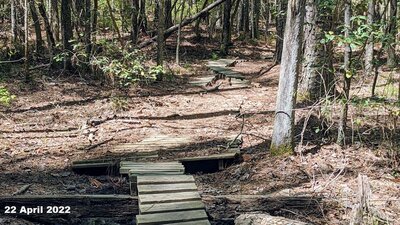 The first mud bypass on the left of the trail has some wooden bridges and skinnies, this is the second section.