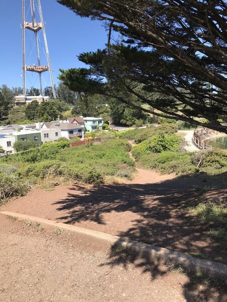 Steeper than it looks; loose rocks on this short down hill; ending with narrow bush surrounded path.