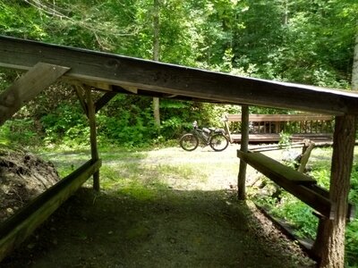 Primitive shelter at a falls above the Cherry River.