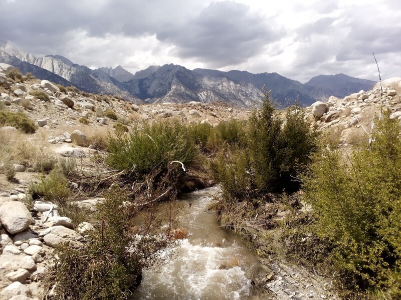 View of Mt Whitney on bridge stream crossing.