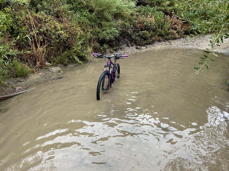 The inside line is about 1ft deep and muddy.  Ride the tire track closer to the edge. Shallower, no surprises.