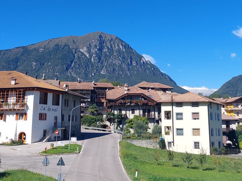 The village of Stumiaga (left the guesthouse "Ca' de mel"), glacier of Presanella-Alps in the background