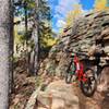 Fall ride with some golden aspens, looking towards the NW.  This is about as tech as it gets on North Elk Creek.