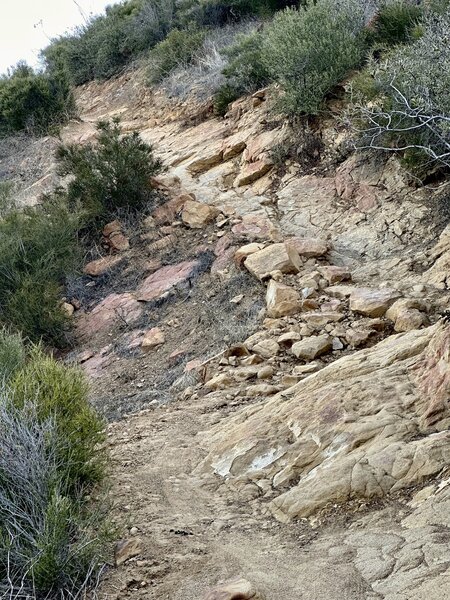 Looking up the last sustained rock climb section before the top of Chumash. It's rideable but very challenging. At the bottom, try hugging the right edge up over the rock mound, which gives you a split second of momentum before charging the main grade.