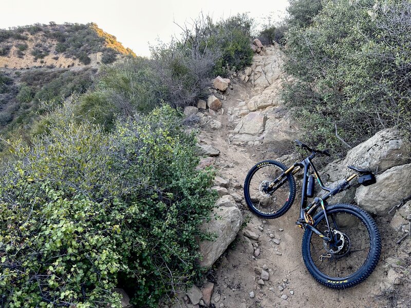 Looking up the last rock wall before the junction at Rocky Peak Trail (which you can see in the upper left). One of the hardest sections to clean, and a good challenge coming back down, too.