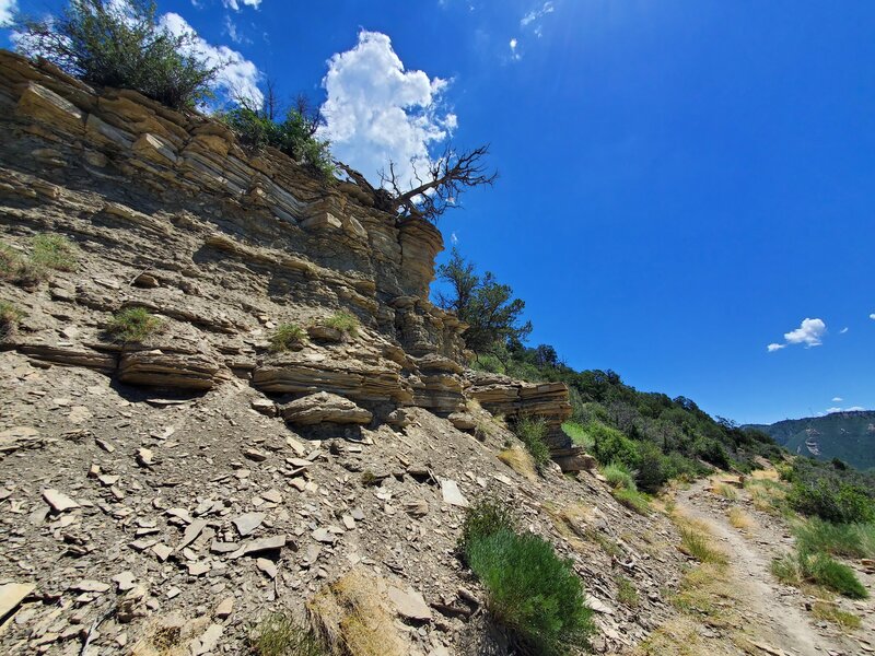 Crumbling cliffside with old wooden plaque.