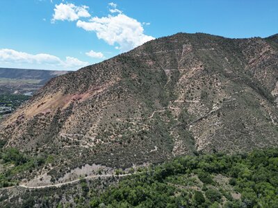 Aerial view of the many switchbacks climbing up Talbott's Burning Mountain Trail on the north side of the mountain.