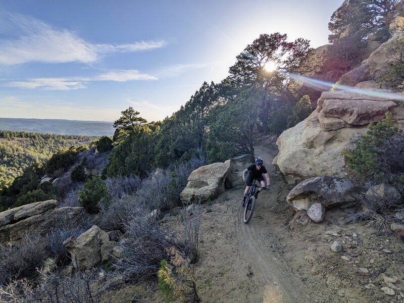 Carving between large rock formations on Osita Ridge.