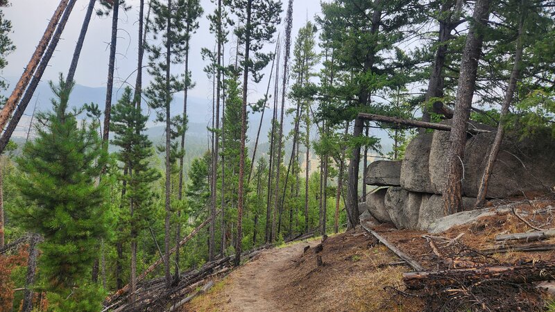 Riding down Grading Camp Trail in Thompson Park, you can see glimpses of the East Ridge through the trees as you ride past granite boulders.