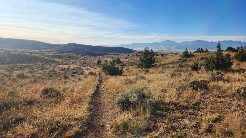 Washout Trail in Pipestone, facing downhill toward the Tobacco Root Mountains.