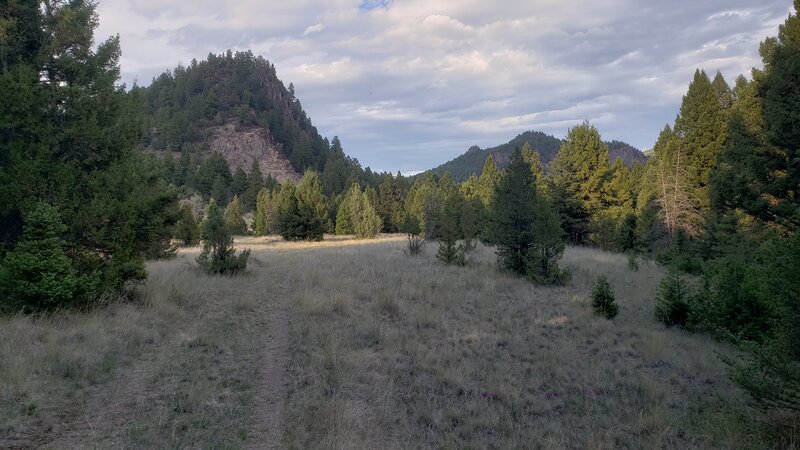 Grassy meadows, trees and rocky cliffs surround the easier lower half of the German Gulch Trail.