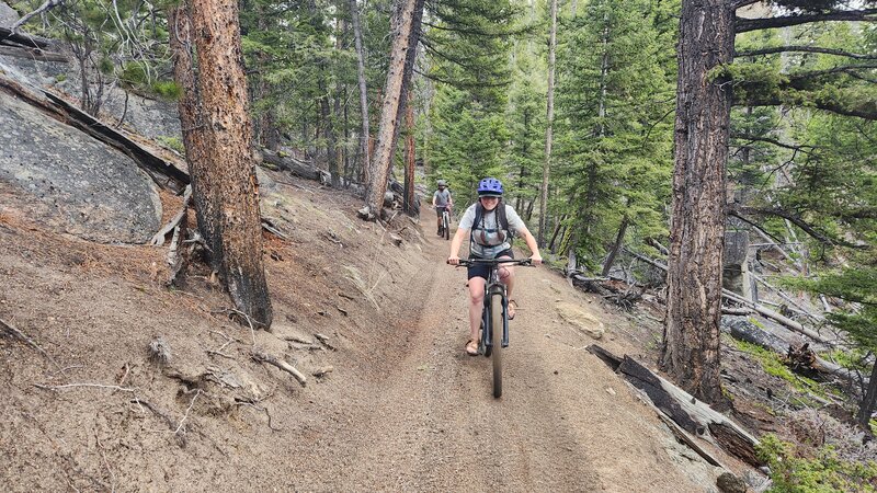 Mountain bike riders cruise on narrow and pretty doubletrack on the Continental Divide.