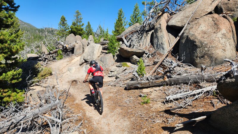 A mountain bike rider negotiates sandy singletrack lined with granite boulders along the Continental Divide.