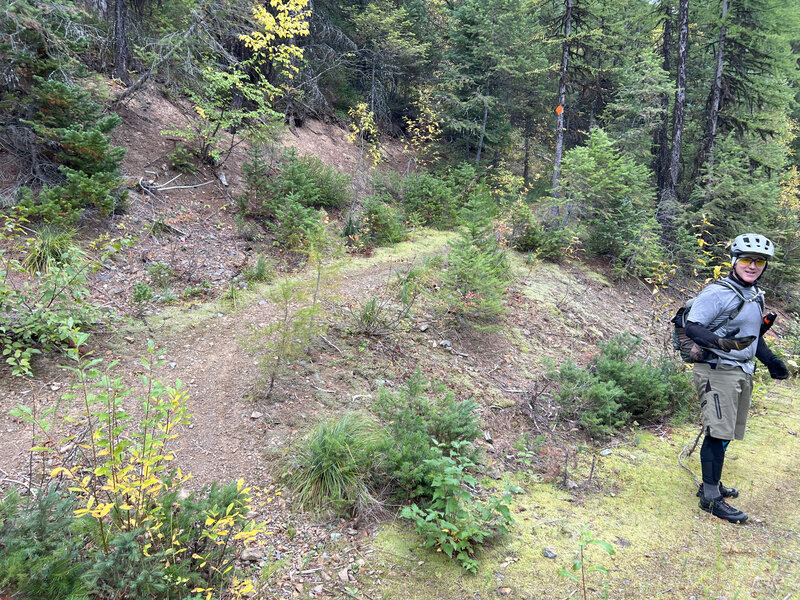 The trail is pretty easy to follow for the most part accept for this hairpin off an old fire road. Look for the orange diamond!