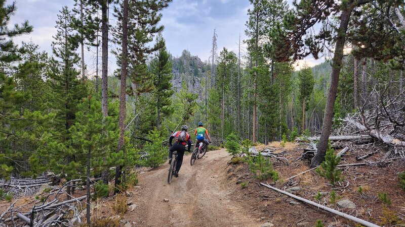 Two mountain bike riders race around a corner on Bear Gulch Trail