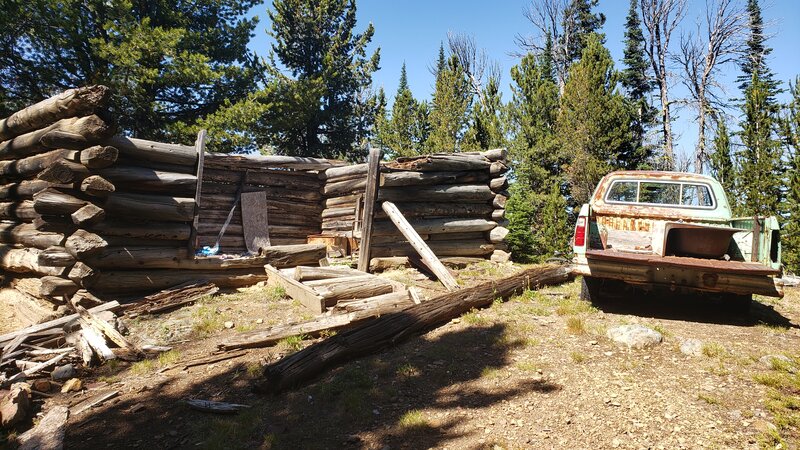 The ruins of an old log cabin, and an old pick up truck line the side of Iron Mountain Road.