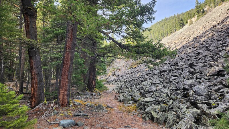 Crazy contrast between flat trail and steep rocky slopes.