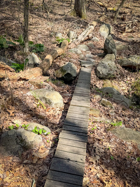 Narrow bridge with a rocky approach.