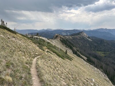 Past Alberta Peak looking down towards the knife ridge. The trail goes just below and right of the knife.