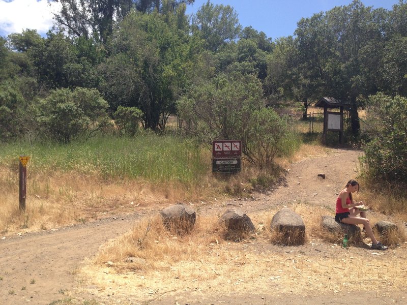 The trailhead at the main parking lot. Trail sign on the left marking the Cobblestone trail, a map of the park, and a cute girl. :-)