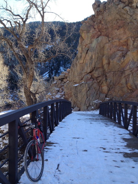 Winter along the Boulder Creek Path!  The trail is often snow-covered but rideable with regular MTB tires.