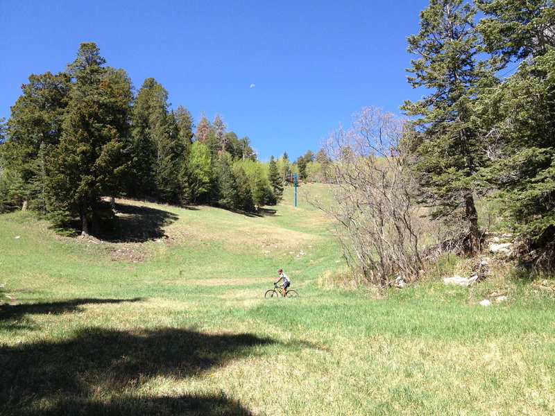 Derek peddling grassy switchbacks in the lower portion of the climb